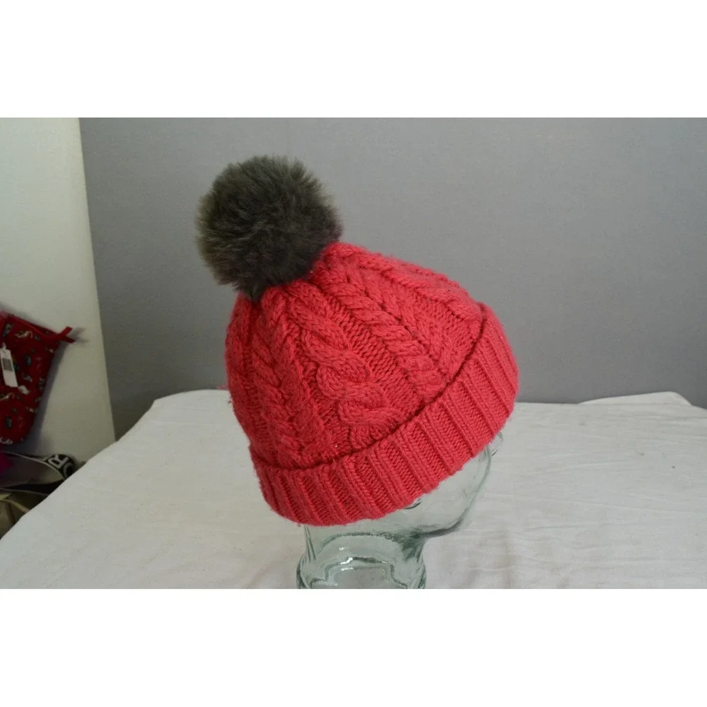 Smartwool Beanie OS Coral Pink Merino Wool Cable Knit Pom Kids Winter Hat